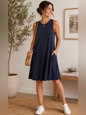 LOFT Navy Swing Dress Medium Casual Sleeveless Knit Summer Dress